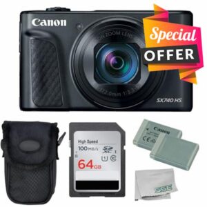 Canon PowerShot SX740 HS Digital Camera (Black) 5PC Bundle - Includes 64GB SD Memory Card + Point & Shoot Case + Extra Battery + Microfiber Cleaning Cloth + More (Renewed)