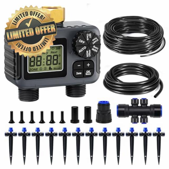HIRALIY 50FT Drip Irrigation Kit with Garden Water Timer-2 Zone
