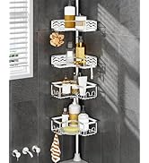 ALLZONE Corner Shower Caddy Tension Pole, 4 Repositionable Hang-On Baskets with Mixed-Height Shel...