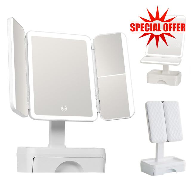 Tri Fold Lighted Makeup Mirror with Storage & 3X Magnification