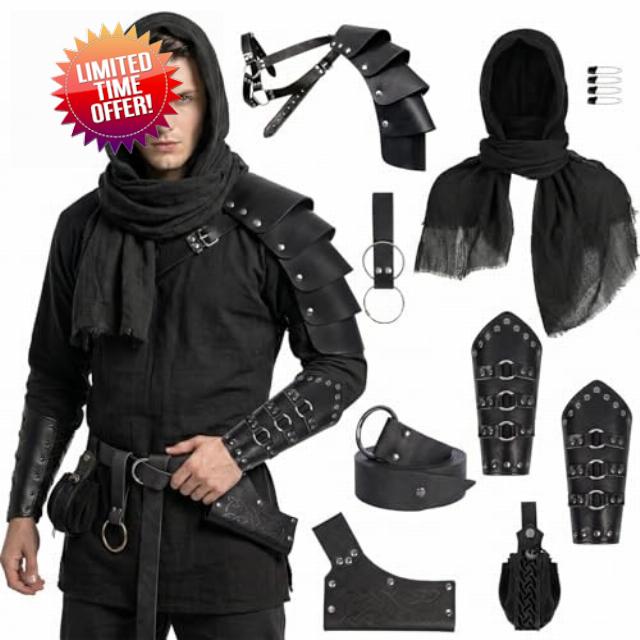 8pcs Renaissance Medieval Costume Accessories Men - Viking Knight Assassin Leather Armor & Shoulder Cape Bracers Belt Se