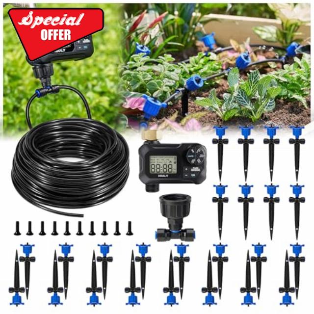 HIRALIY 100FT Pressure Compensated Drip Irrigation System with Timer