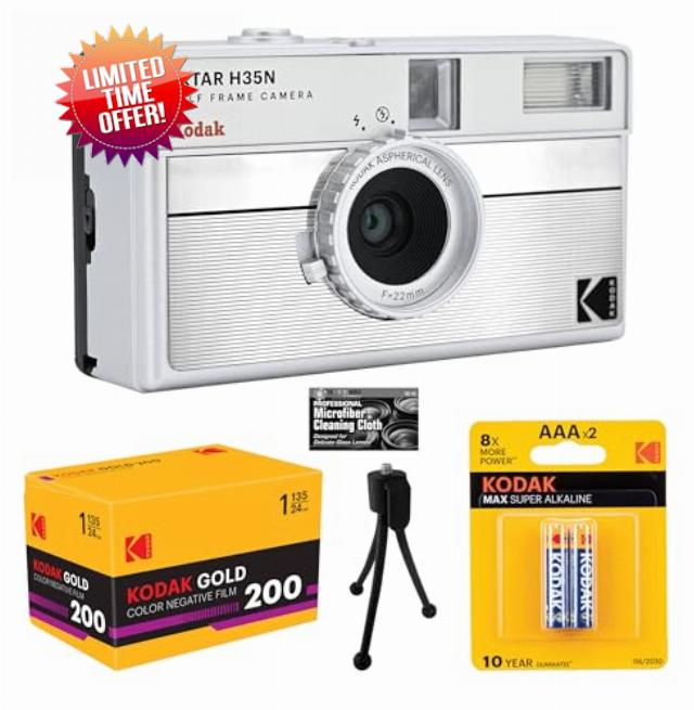 Kodak Ektar H35N Half-Frame Film Camera (Striped Silver) with Eastman Kodak Premium Gold Film + Tabletop Tripod + Batteries + Microfiber Cleaning Cloth