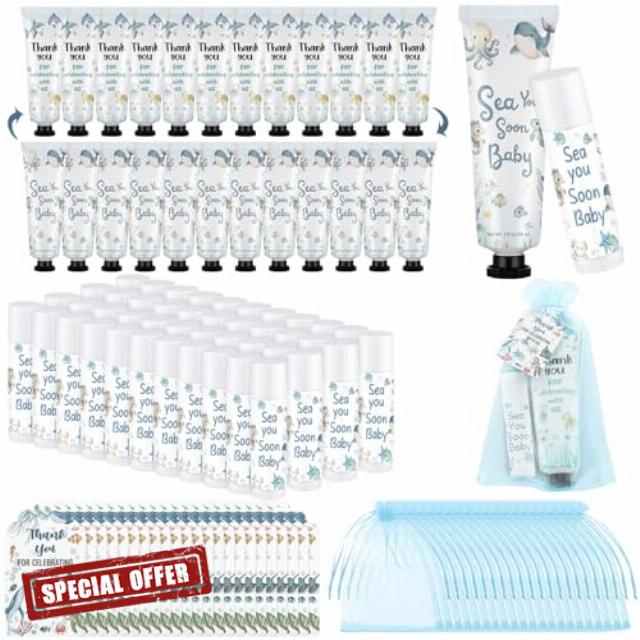 Loopeer 50 Sets Sea You Soon Baby Shower Hand Cream Lip Balm Gifts for Guests with Thank Cards Organza Thank You for Celebrating with Me for Under the Sea Birthday Parties Gender Reveal