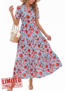 KIRUNDO Womens Summer Floral Maxi Dress Short Sleeve V Neck Boho Long Flowy Casual A Line Dresses 2026 Beach Vacation Outfits