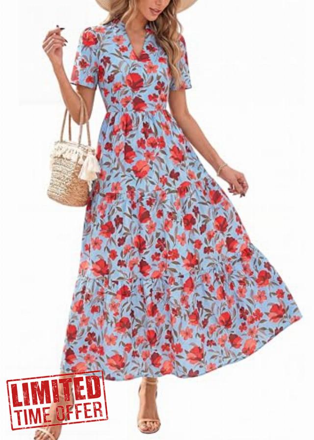 KIRUNDO Womens Summer Floral Maxi Dress Short Sleeve V Neck Boho Long Flowy Casual A Line Dresses 2026 Beach Vacation Outfits