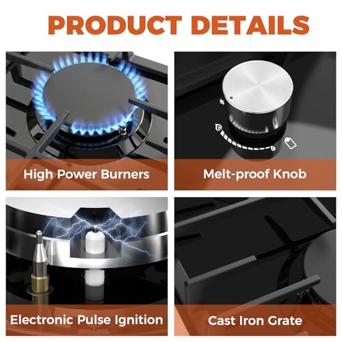 000 BTU Black Tempered Glass LPG/NG Convertible Dual Fuel Built-in Natural Hob with Thermocouple Protection for Rvs Kitchens Apartment Indoo