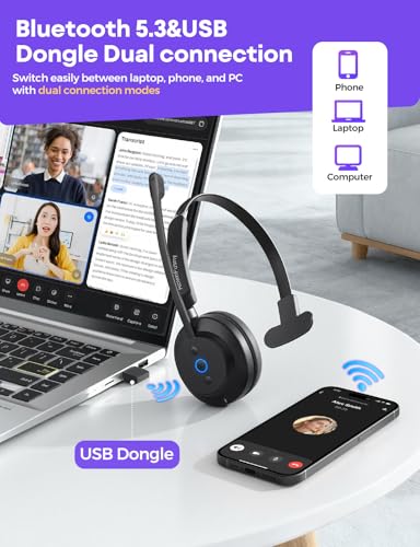Bluetooth Headset with Charging Base & USB Dongle for Home/CallCenter/Teams/Zoom/Skype(Black)