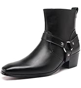 BEMNRVT Men's Fashion Chelsea Boots, Leather Chunky Heel Dress Boots with Belt Buckle & Side Zipp...