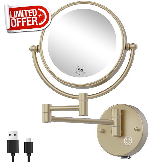 8" Rechargeable Brass Wall Mounted Magnifying Mirror with Lights