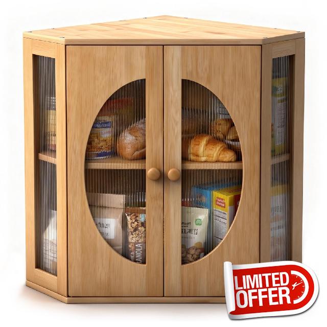 Corner Bread Box for Kitchen Countertop: Bamboo Storage Container for Homemade Bread