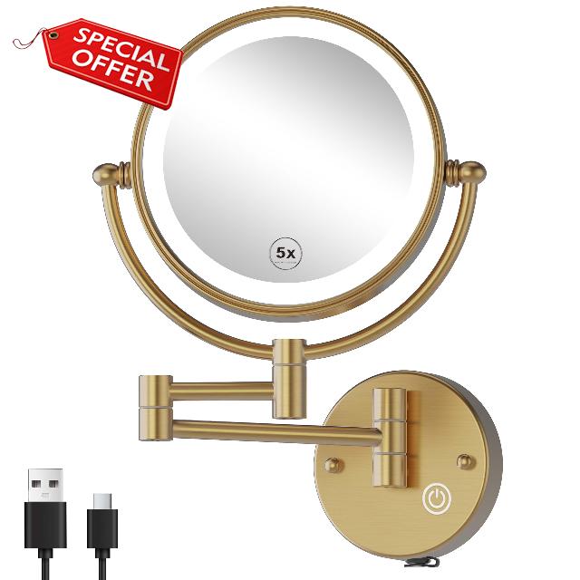 8" Rechargeable Brass 1X/5X Makeup Magnifying Mirror Wall Mount with Light