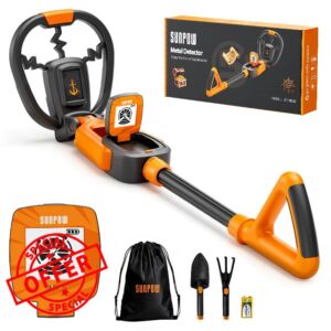 SUNPOW Kids Metal Detector with Treasure Animation & Waterproof Coil - Adjustable Stem (23.6”-27.6”) - Kit Includes Shovel