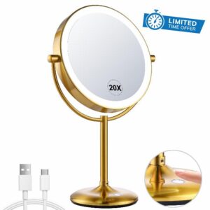 9" Rechargeable Gold Lighted Makeup Mirror with Magnification 20X/1X