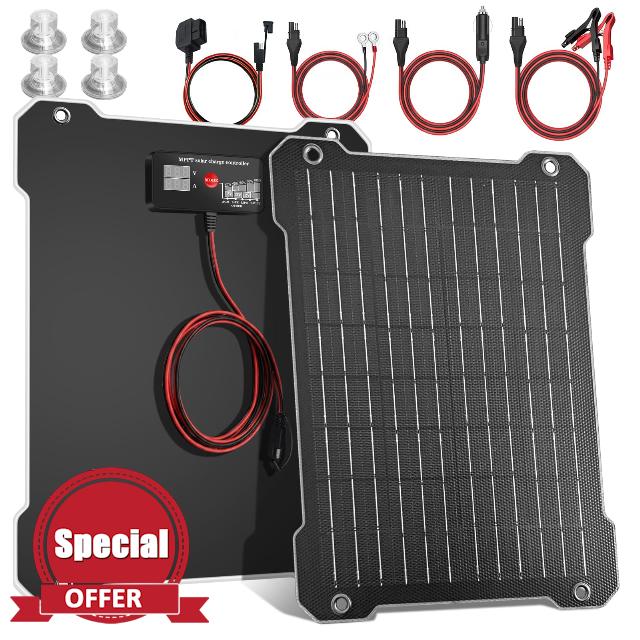 Upgraded MPPT OBDII 12W Solar car Battery Charger 12V Solar trickle Charger maintainer Solar Panel kit Battery Solar Charger Suitable for Cars Motorcycles Boats RVs Trailers Snowmobiles etc