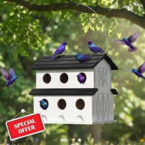 Novabright Bird House for Outside 6 Hole Bird House Room for Purple Martin Bluebird Finch Cardinals Wooden Large Hanging Birdhouse for Garden Courtyard Backyard
