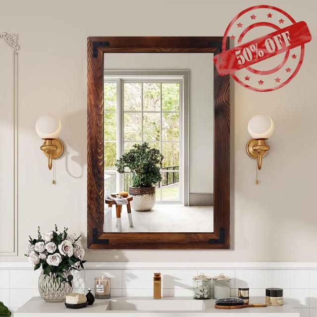 36"×24" Rustic Wood Frame Mirror for Wall