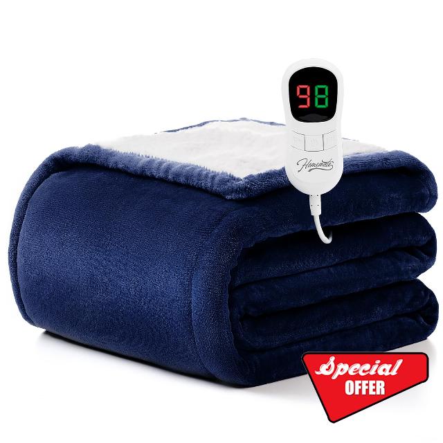 Homemate Electric Heated Blanket Twin Size - 62"x84" Heating Blanket Twin Size 1/2/4/6/8 Hours Auto-Off 10 Heat Level Over-Heat Protection Flannel Sherpa ETL Certificatio
