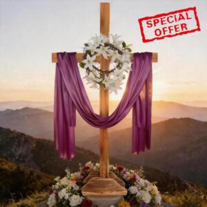 59 Inch Extra Large Easter Wood Cross Decoration Standing Cross with Purple Ribbon Thorn Crown Lily Vine Jesus Christian Religious He Is Risen Outdoor Decor for Yard Communion Church Wedding Party