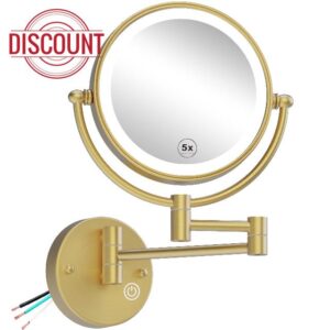8" Hardwired Brass Wall Mount Makeup Mirror with Lights and Magnification 1X/5X