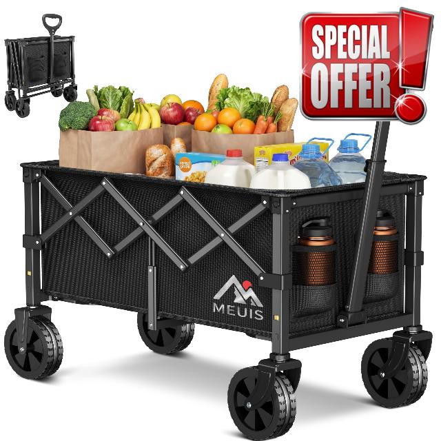 Collapsible Wagon Cart with Wheels - 250LBS Heavy Duty Folding Wagon for Groceries Shopping Outdoor Apartment Portable Foldable Utility Grocery Trolley
