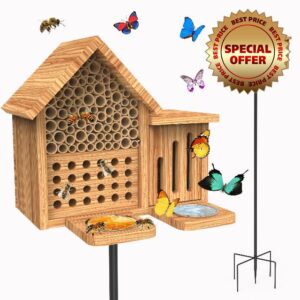 Mason Bee House Wooden Butterfly House with Feeders and Metal Stake