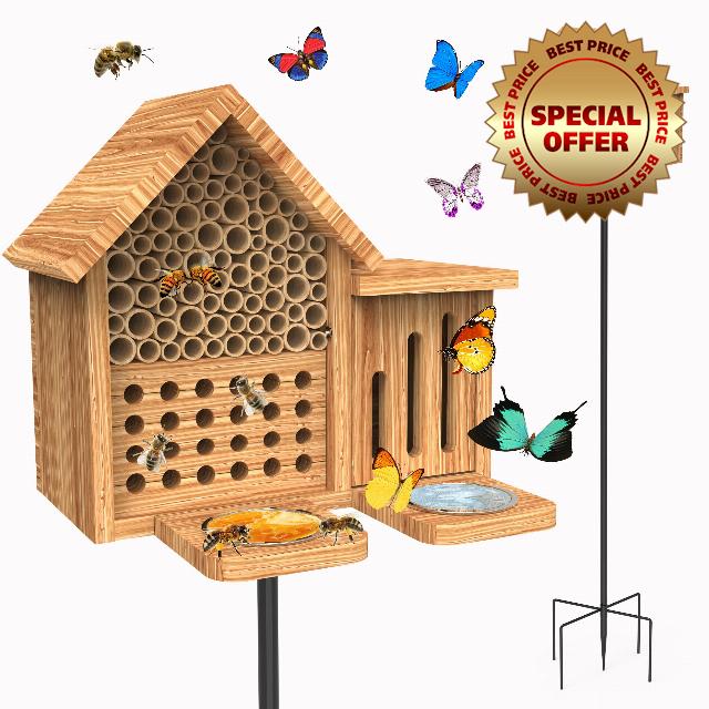Mason Bee House Wooden Butterfly House with Feeders and Metal Stake