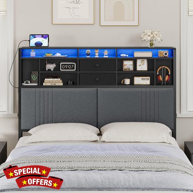 Headboard with 3-Tier Storage Shelves