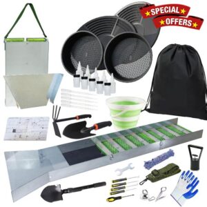 Complete Gold Panning Kit with 50" Folding Sluice Box， Alloy Aluminum Gold Mining Equipment for Adults，Includes Gold Pans， Classifier Screen