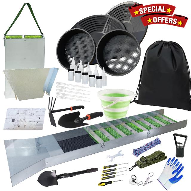 Complete Gold Panning Kit with 50" Folding Sluice Box， Alloy Aluminum Gold Mining Equipment for Adults，Includes Gold Pans， Classifier Screen