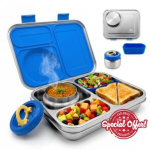 Stainless Steel Bento Lunch Box with 8 oz Insulated Food Jar – 54 oz – Leak-Resistant 3-Compartment Kids & Adult Metal Meal Container with Silicone Container and Thermo for Work & School