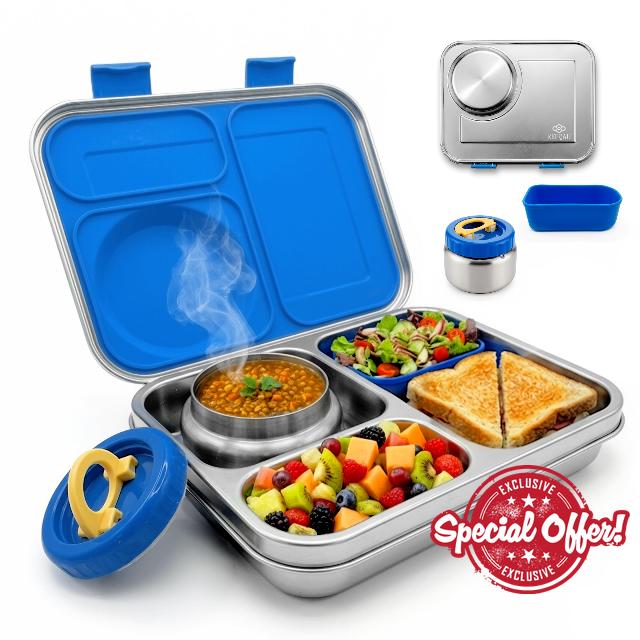 Stainless Steel Bento Lunch Box with 8 oz Insulated Food Jar – 54 oz – Leak-Resistant 3-Compartment Kids & Adult Metal Meal Container with Silicone Container and Thermo for Work & School