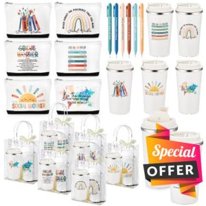 24 Pcs/ 6 Sets Social Worker Gifts Insulated Coffee Mugs with Lids 17oz Makeup Bags PVC Tote with Pens for Social Work Month Appreciation Gifts