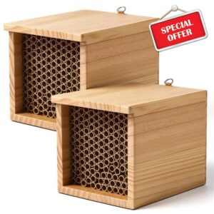 2 pcs Mason Bee House and 294 pcs Mason Bee Tubes 6 Inches Outdoor Beekeeper Cardboard Tubes Replacement Nesting Refill for Outdoors Garden Wooden Insect Hotel