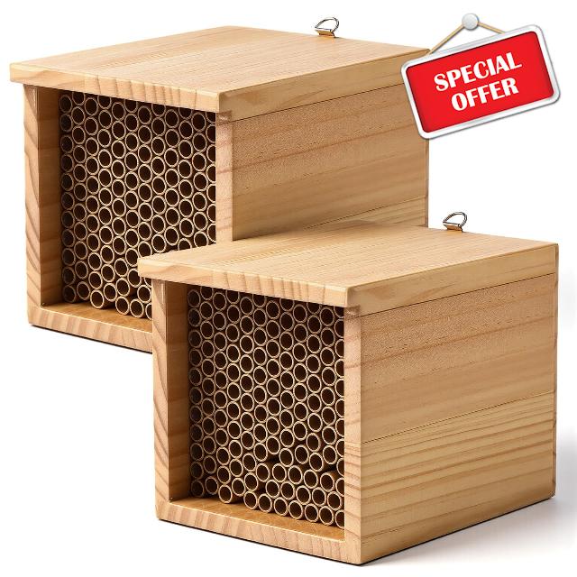2 pcs Mason Bee House and 294 pcs Mason Bee Tubes 6 Inches Outdoor Beekeeper Cardboard Tubes Replacement Nesting Refill for Outdoors Garden Wooden Insect Hotel