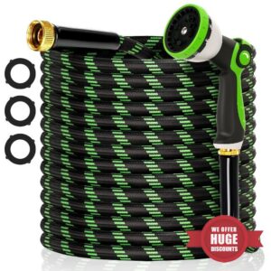 Garden Hose 100 ft Flexible Water Hose Non-Expanding Lightweight Kink-Free Hoses Durable Leak-Proof High Pressure Pipe with 3/4” Brass Fitting 10 Function Nozzle for Outdoor Yard Lawn Car Wash