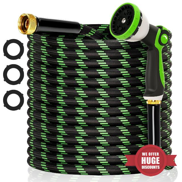 Garden Hose 100 ft Flexible Water Hose Non-Expanding Lightweight Kink-Free Hoses Durable Leak-Proof High Pressure Pipe with 3/4” Brass Fitting 10 Function Nozzle for Outdoor Yard Lawn Car Wash
