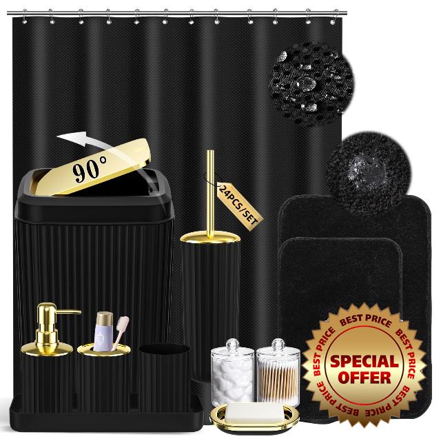 24 PCS Black Bathroom Accessories Set with Shower Curtain and Rugs