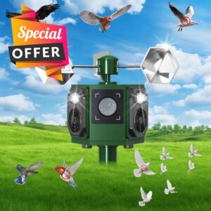 Upgraded Solar Ultrasonic Bird Repellent Outdoor Woodpecker Deterrent for House with Motion Sensor & Flash Light & Reflectors to Scare Birds Away Waterproof Goose Pigeon Repellent for Garden Balcony