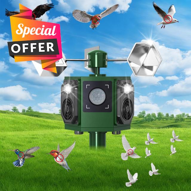 Upgraded Solar Ultrasonic Bird Repellent Outdoor Woodpecker Deterrent for House with Motion Sensor & Flash Light & Reflectors to Scare Birds Away Waterproof Goose Pigeon Repellent for Garden Balcony
