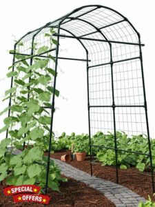 Garden Trellis Arch 7FT PP-Coated Stainless Steel Metal Extra Tall Cucumber Trellis Arch Garden Arch Trellis for Climbing Plants Outdoor Vegetable Trellis with Trellis Netting