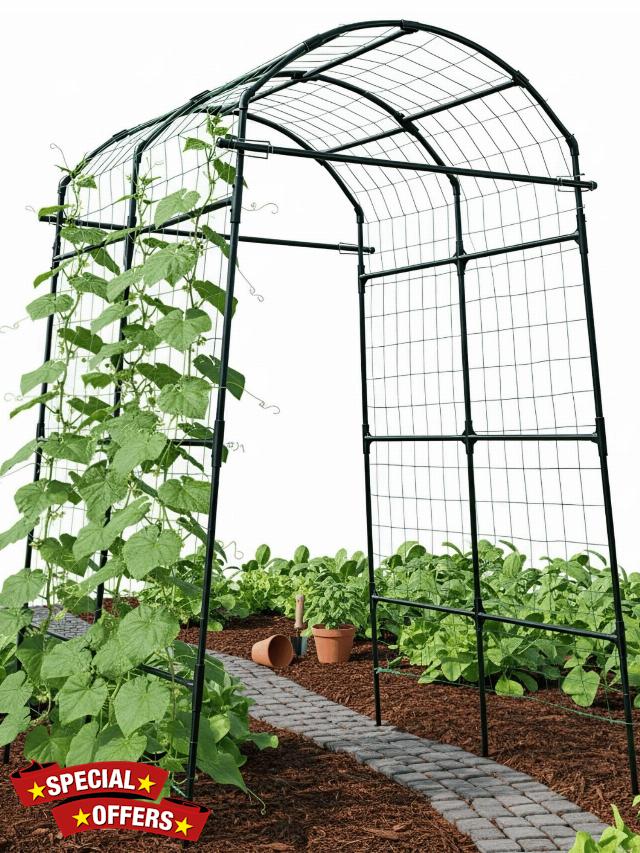 Garden Trellis Arch 7FT PP-Coated Stainless Steel Metal Extra Tall Cucumber Trellis Arch Garden Arch Trellis for Climbing Plants Outdoor Vegetable Trellis with Trellis Netting