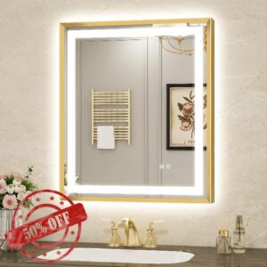 LED Bathroom Mirror 24"x30" Inch Brushed Gold Metal Frame Lighted Bathroom Vanity Mirror with Lights