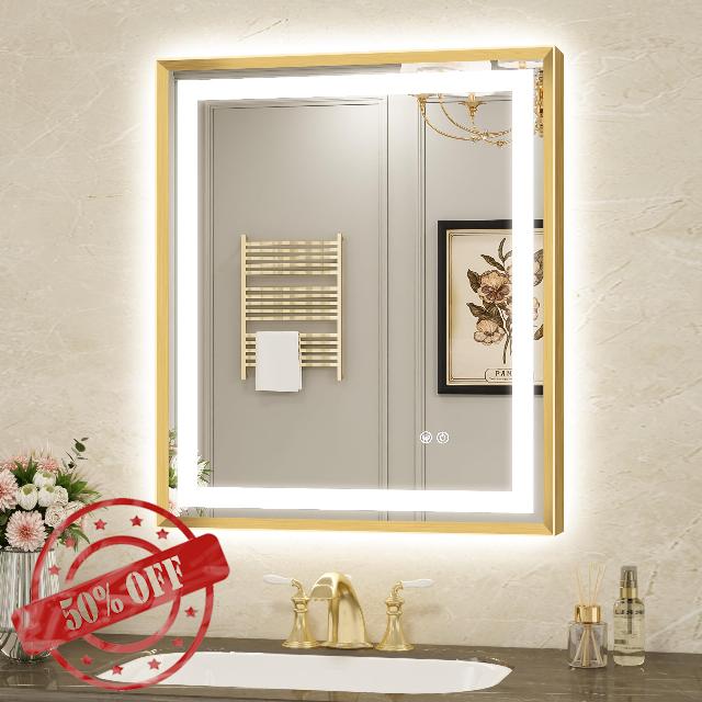 LED Bathroom Mirror 24"x30" Inch Brushed Gold Metal Frame Lighted Bathroom Vanity Mirror with Lights