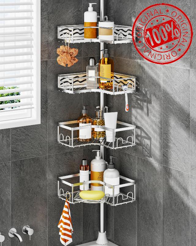 ALLZONE Corner Shower Caddy Tension Pole with 4 Repositionable Hang-On Baskets