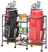 Golf Bag Storage Rack for Garage with Wheels, Organizer for 2 Golf Bag and Equipment Accessories,...