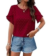 PRETTYGARDEN Womens Spring Tops 2026 Casual Crewneck Lace Crochet Short Sleeve Shirts Floral Boho...