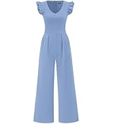 PRETTYGARDEN One Piece Jumpsuits For Women Dressy Ruffle Cap Sleeve V Neck Ribbed Knit Wide Leg R...