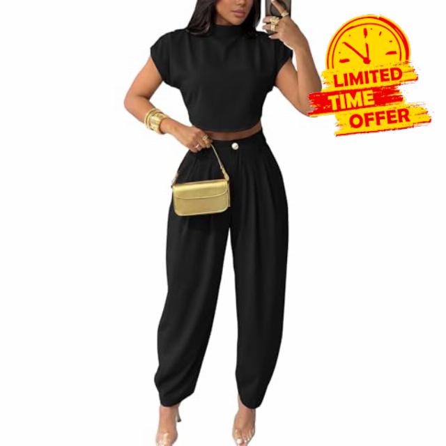 kaimimei 2 Piece Sets for Women Casual Mock Neck Cap Sleeve Crop Tops and Palazzo Pants Vacation Travel Outfits