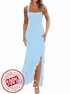 BORIFLORS Women's Elegant Bodycon Ruched Maxi Cocktail Dress Mesh Sleeveless Mermaid Ruffle Beach Wedding Guest Long Dresses